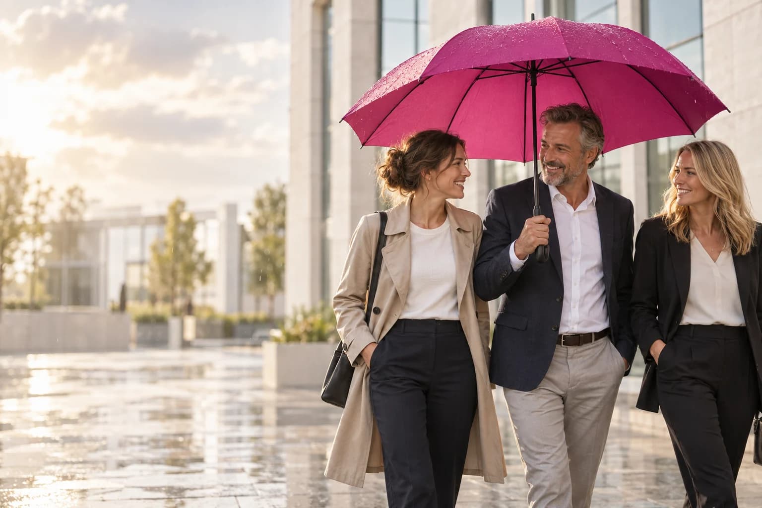 Gemeinsam unter einem magentafarbenen Schirm: ein zuversichtliches Team im Sonnenlicht nach dem Regen.